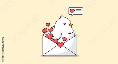A cute little bird with hearts is coming out of an envelope.