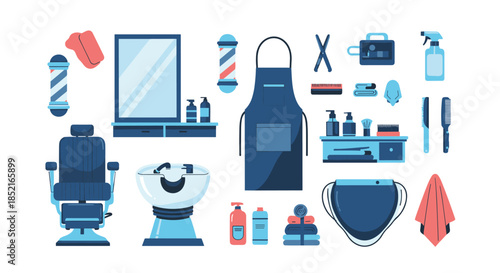 A collection of barber shop tools and equipment arranged on a white background.