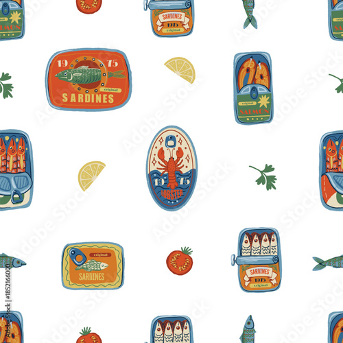 Sardina seamless vector pattern with vintage seafood cans fish oil lemons retro illustration