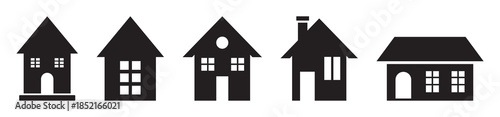 Collection home icons. House symbol. Set of real estate objects and houses black icons isolated on white background. Vector illustration.