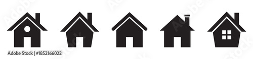 Collection home icons. House symbol. Set of real estate objects and houses black icons isolated on white background. Vector illustration.