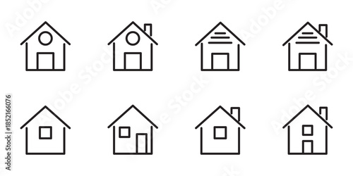 Vector set of house thin line icons. Collection home icons. House symbol. Set of real estate objects and houses line icons isolated on white background. Vector illustration. EPS 10