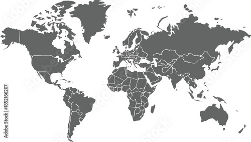 Gray world map with country borders in white outline on transparent background, political cartography simple illustration