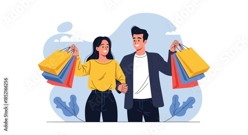 A happy couple carrying shopping bags after purchasing goods together.