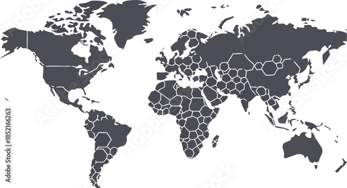Dark gray world map with segmented continents and white hexagon patterns on transparent grid, symbolizing global division and structure