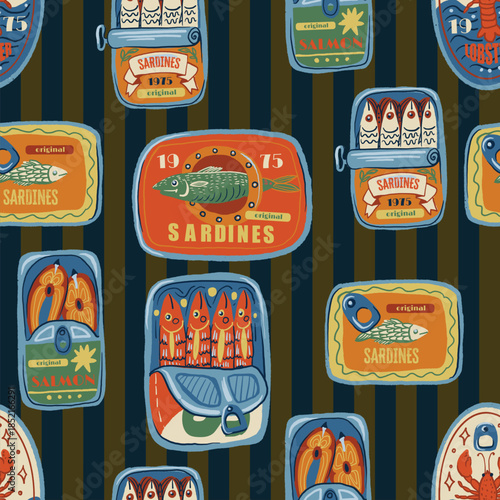 Sardina seamless vector pattern with vintage seafood cans fish oil lemons retro illustration