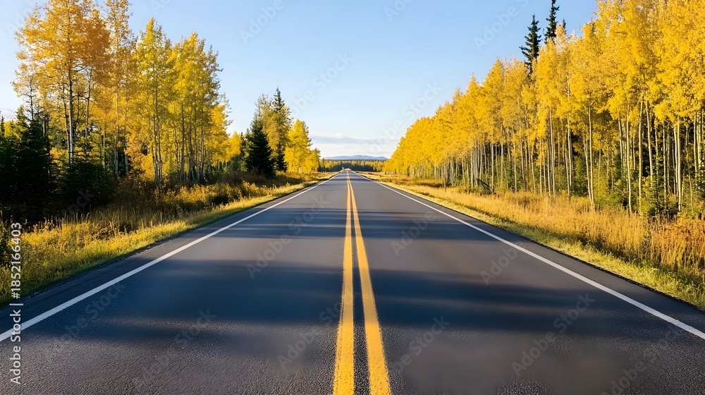 Fototapeta premium Asphalt road lined with golden autumn trees yellow