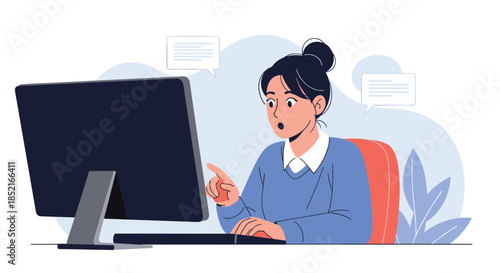 Young woman looking at her computer screen with a surprised expression on her face.