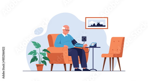 An elderly man is having his blood pressure checked while sitting in an armchair in his living room.