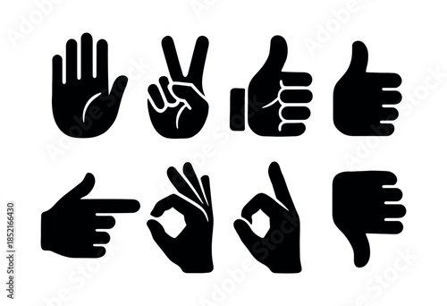 Hand gestures set, thumbs up, peace sign and more, flat vector illustration