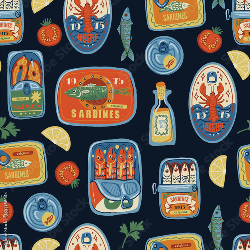 Sardina seamless vector pattern with vintage seafood cans fish oil lemons retro illustration