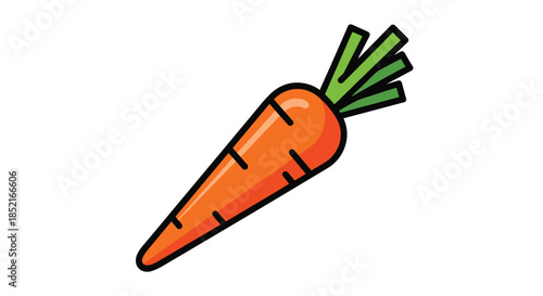 A bright orange carrot with green leafy tops and distinct orange lines is shown against a white background.