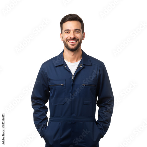 Cheerful Young Tradesman in Navy Jumpsuit Smiles Against White Background — Hands in Pockets, Neat Beard, Practical Design — Symbolizing Skilled Labor, Reliability, and Friendly Professionalism Ideal 