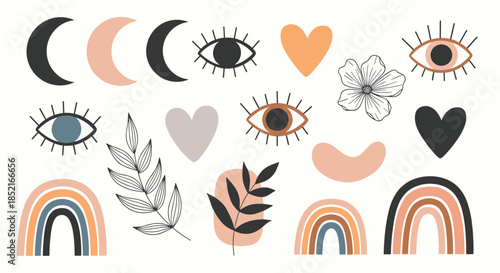 Bohemian celestial and abstract shapes with mystical symbols in muted earth tones.