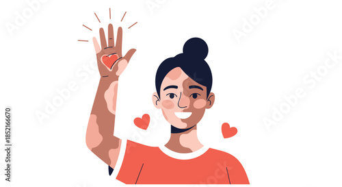 A person with vitiligo raises their hand showing a heart symbol on their palm in a gesture of kindness and self-love.