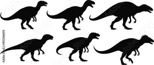 Six Black Dinosaur Silhouettes on White Background prehistoric ancient