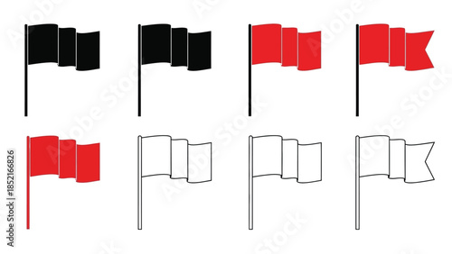 A collection of waving flags in black and red on a white background