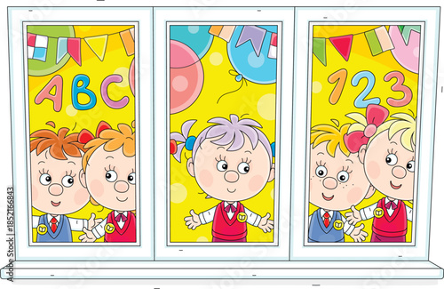 Happy little schoolgirls and schoolboys looking through a celebratory decorated classroom window and waving in greeting at a funny school holiday, vector cartoon illustration on white