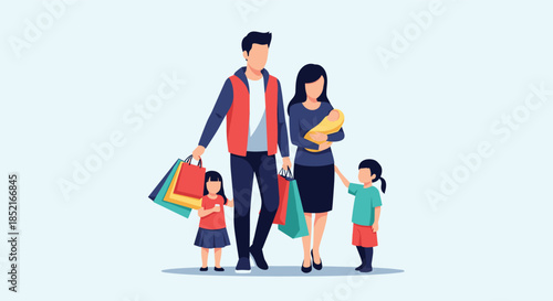 A happy family enjoys a day of shopping together with their two young children