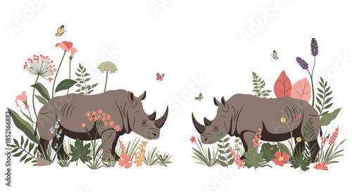 Two rhinos stand in a field of flowers and greenery with butterflies flying around them.