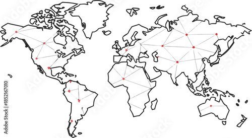 world map outline with connection points and lines illustrating global network and communication concept on transparent background