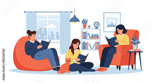 Three women are reading books in a cozy living room on a sunny day.