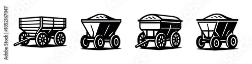 Horse-drawn cart collection, flat vector illustration of wagons and trailers