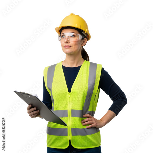 Professional Female Engineer in Hard Hat and Safety Vest Holds Clipboard Against White Background — Yellow Helmet, Lime Vest, Safety Glasses — Symbolizing Women in Construction, Engineering Excellence
