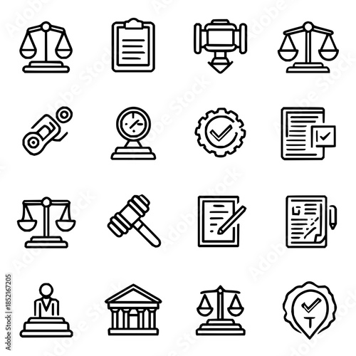 Law Justice Icons Set with Scales Gavel and Documents