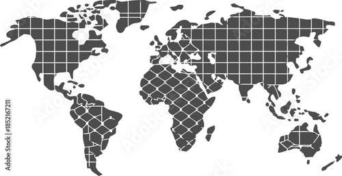 Stylized world map with grid overlay and highlighted continents on transparent background for design