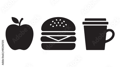 Food icons in minimalist style with solid black color on white background for menu design