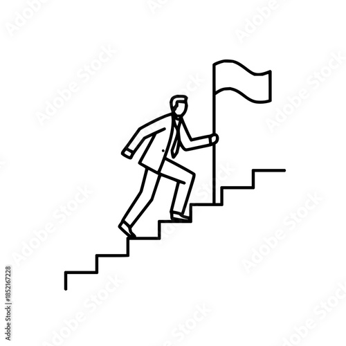 Businessman Climbing Stairs with Flag on White Background