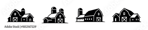 Barn house designs, black and white flat vector illustration, cabin and shed styles