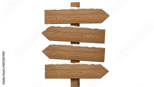 Wooden Directional Signpost with Three Blank Arrow Signs and Snow Isolated on Transparent Background PNG


