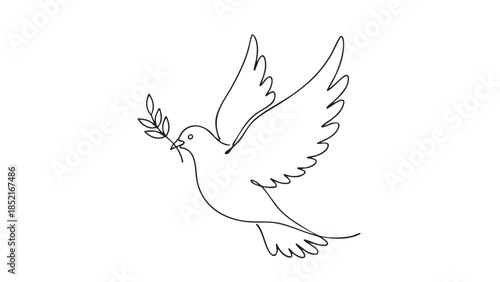 Line of a dove bird carrying a small branch in its beak