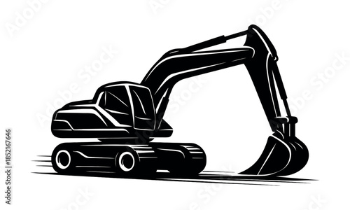 Excavator in flat vector illustration, construction, industrial machinery, silhouette