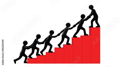People supporting each other climbing red steps representing teamwork and progress