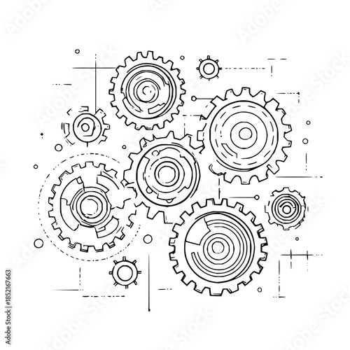 Interconnected Gears Technical Drawing on White Background