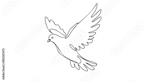 Minimalist single line of a dove in flight with wings angled upwards Keywords: dove, bird