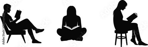 Three black silhouettes of people reading books in different seated positions person