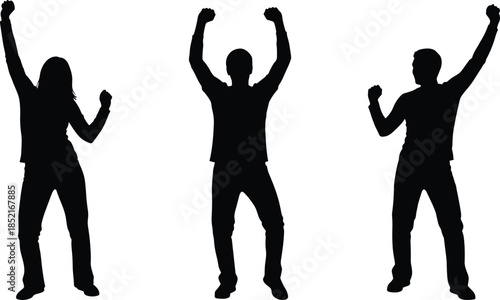 Three black silhouettes of people with arms raised in celebration victory