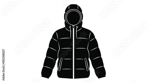 A black and white illustration of a hooded puffer jacket on a white background