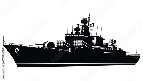 A striking silhouette of a military warship detailed and powerfully designed