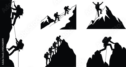 Mountain climber silhouettes, adventure poses, teamwork ascent, rugged terrain, rope safety, peak achievement, outdoor challenge, black figures, isolated background, climbing gear