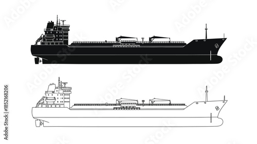Detailed silhouettes of two different cargo ships side view illustrations