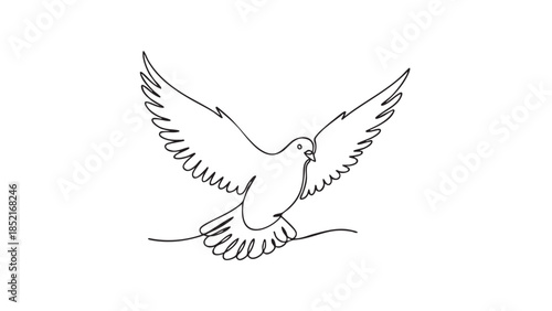 Single line of a dove in flight with wings spread wide