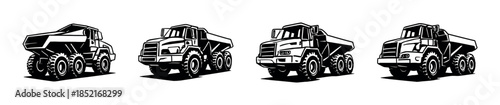 Construction trucks, flat vector illustration, heavy machinery, black and white