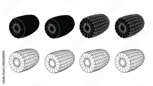 Illustrative depiction of corn cobs in various stages of processing or representation