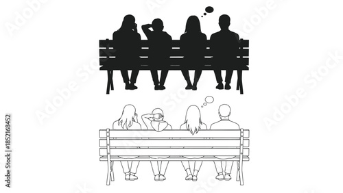 Silhouettes of people sitting on benches contemplating and sharing thoughts
