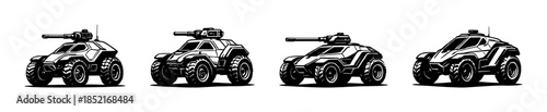 Futuristic military vehicles, armored cars, tanks, flat vector illustration